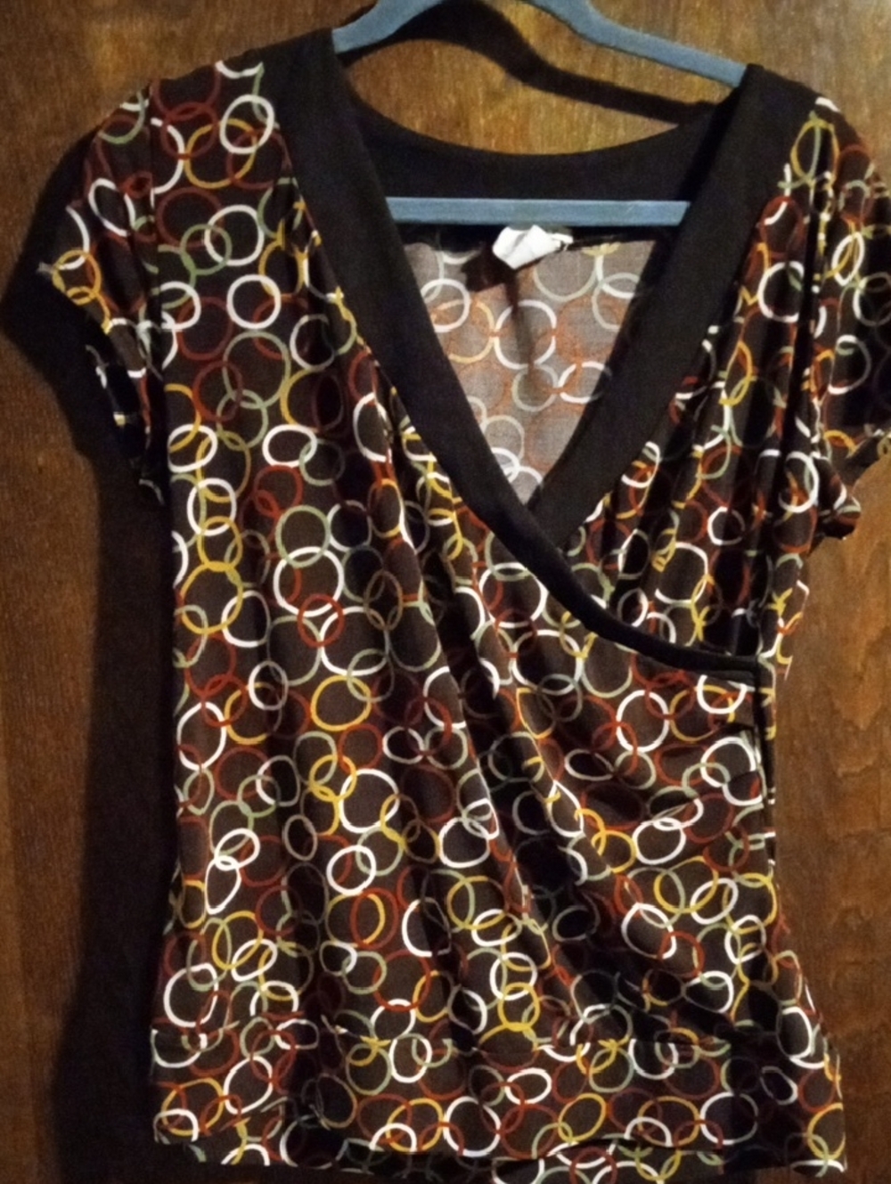 Studio Y Black Wrap-Front Top with Multicolor Circle Print
